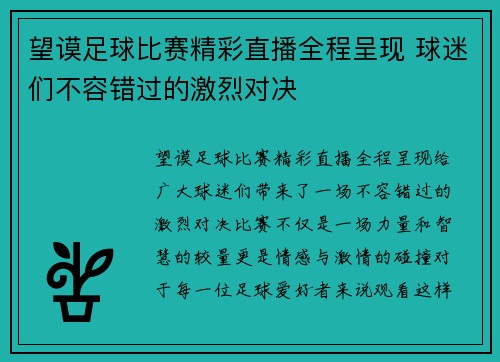 望谟足球比赛精彩直播全程呈现 球迷们不容错过的激烈对决